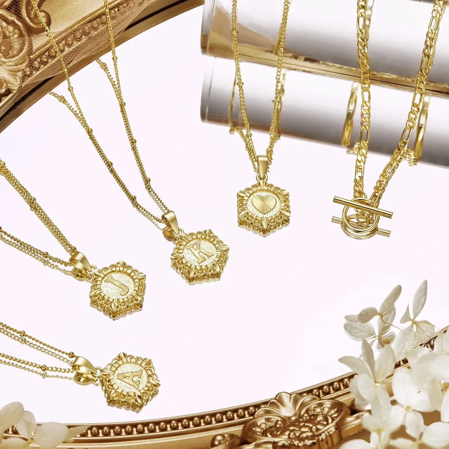 KissYan Gold Layered Initial Necklace for Women, 14K Gold Plated Hexagon Letter Necklace Capital Monogram Pendant Toggle Clasp Layering Figaro Bead Chain Necklace