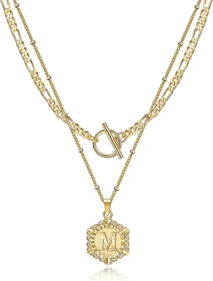 KissYan Gold Layered Initial Necklace for Women, 14K Gold Plated Hexagon Letter Necklace Capital Monogram Pendant Toggle Clasp Layering Figaro Bead Chain Necklace