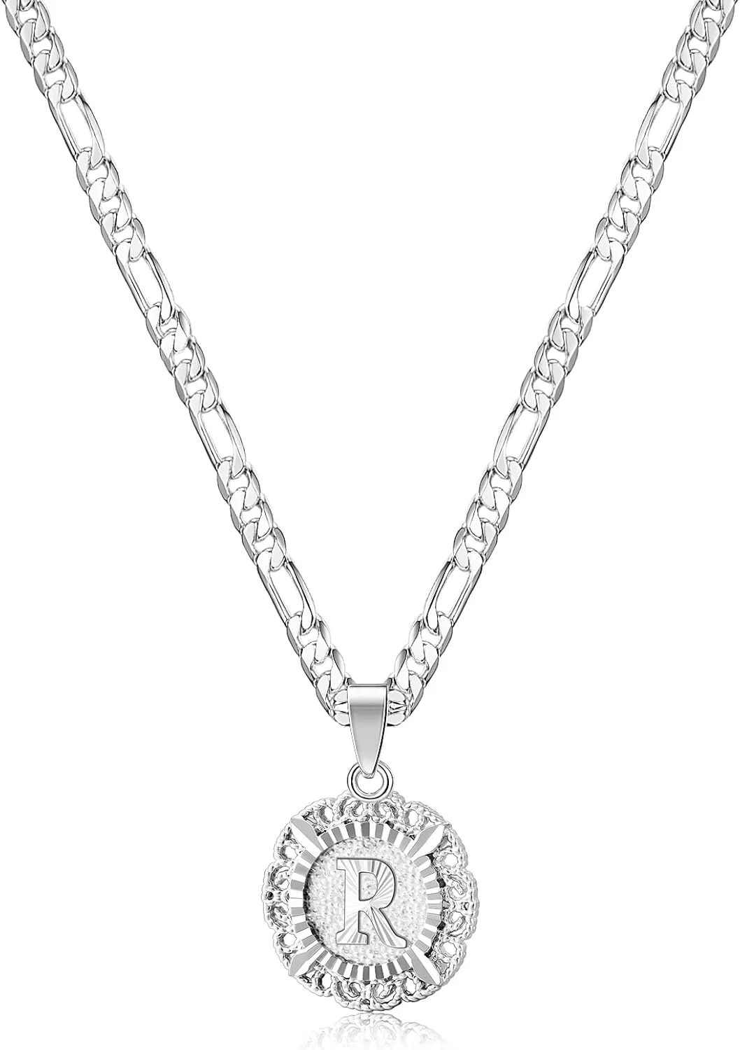 KissYan Initial Necklaces for Women, 14K Gold Plated Round Letter Pendant Capital Monogram Necklace Alphabets from A-Z Figaro Chain Jewelry