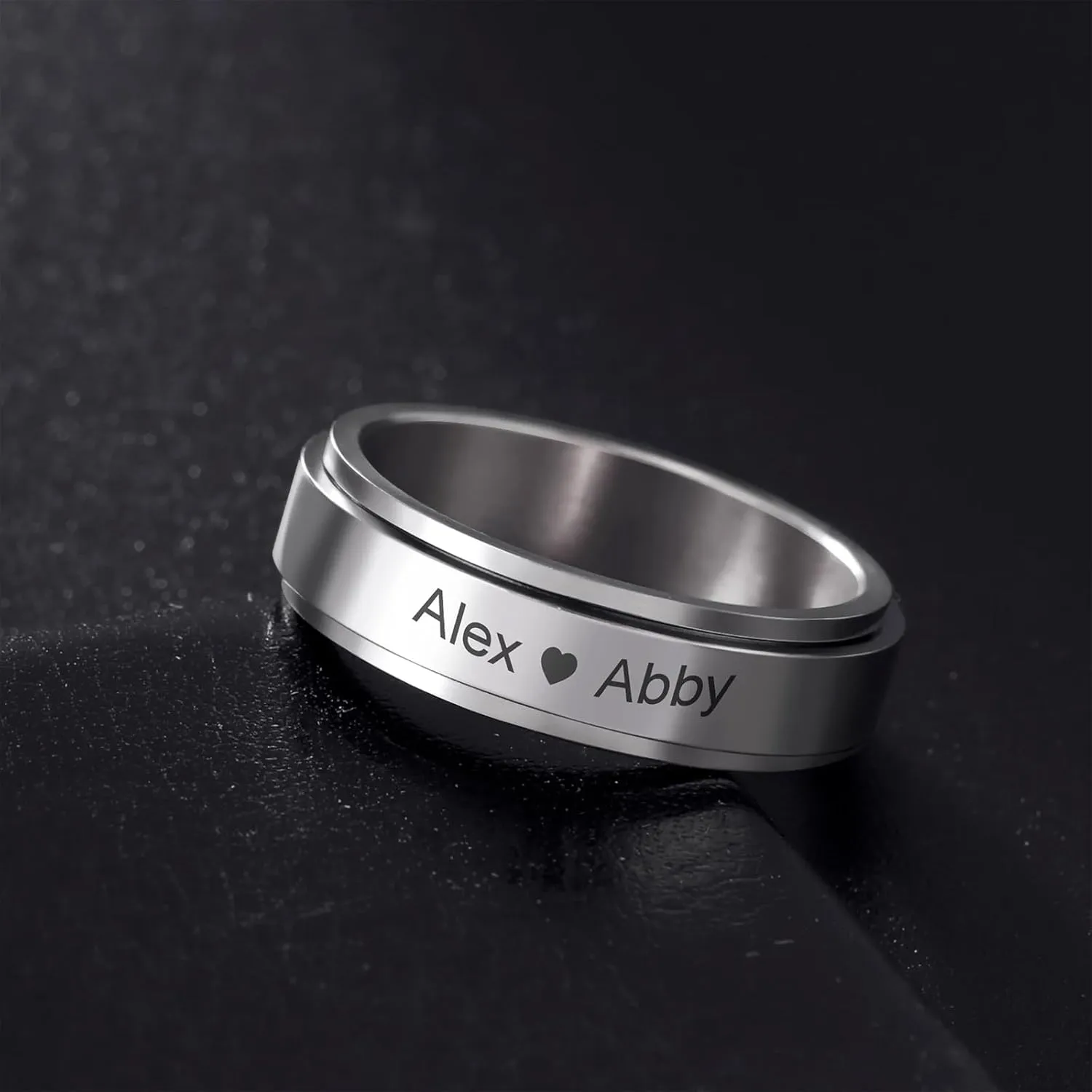kkjoy Personalized Name Anxiety Spinning Ring Stainless Steel Laser Printed Customized Text Promise Ring Couple's Ring Family Rings Engagement Wedding Jewelry for Women Men