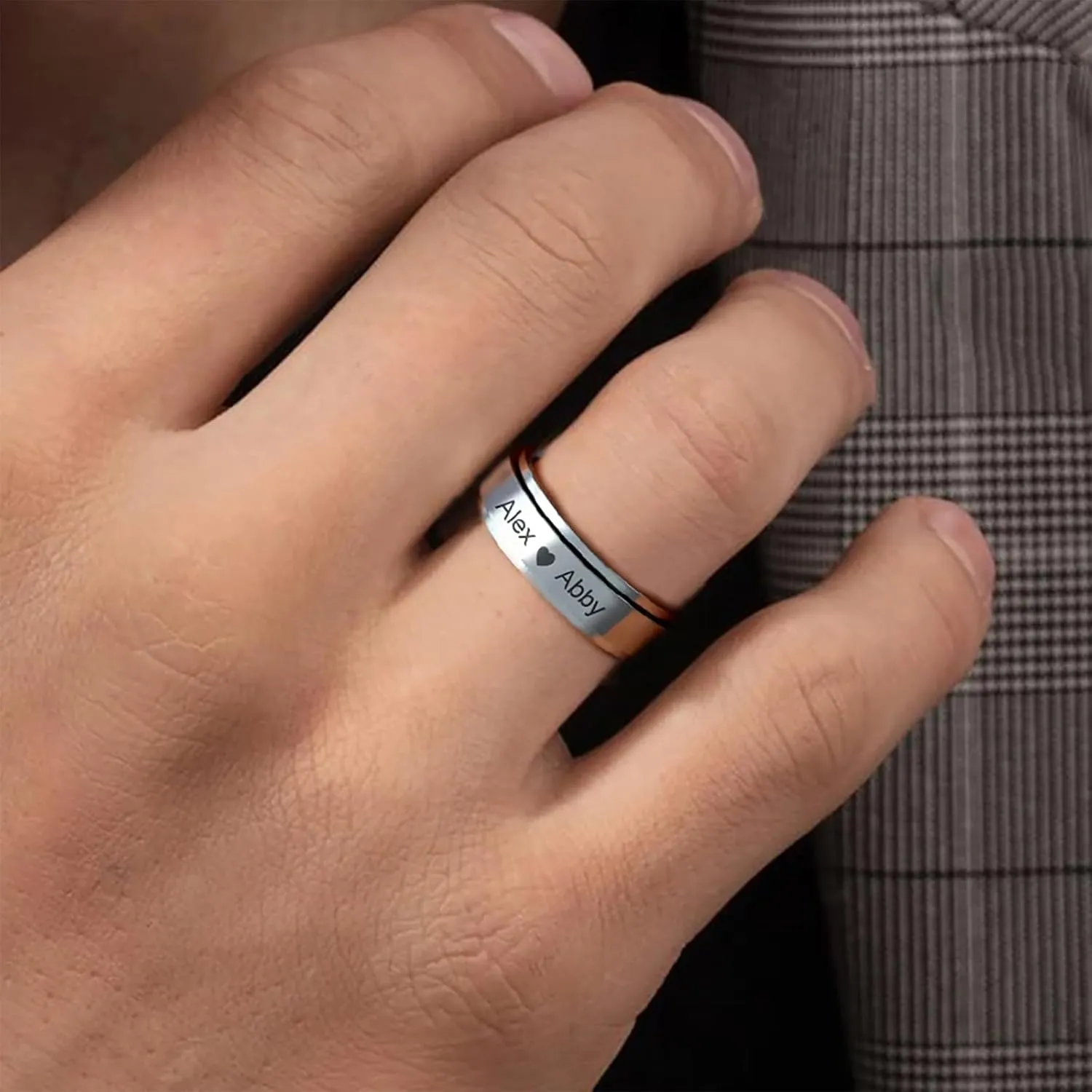 kkjoy Personalized Name Anxiety Spinning Ring Stainless Steel Laser Printed Customized Text Promise Ring Couple's Ring Family Rings Engagement Wedding Jewelry for Women Men