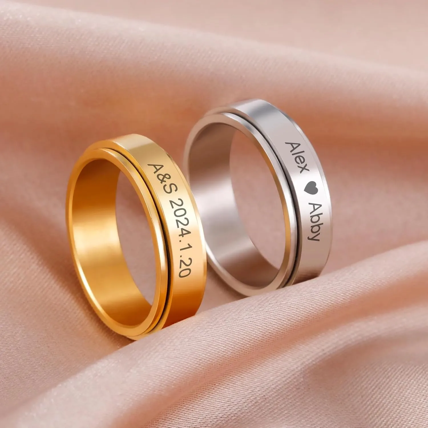 kkjoy Personalized Name Anxiety Spinning Ring Stainless Steel Laser Printed Customized Text Promise Ring Couple's Ring Family Rings Engagement Wedding Jewelry for Women Men