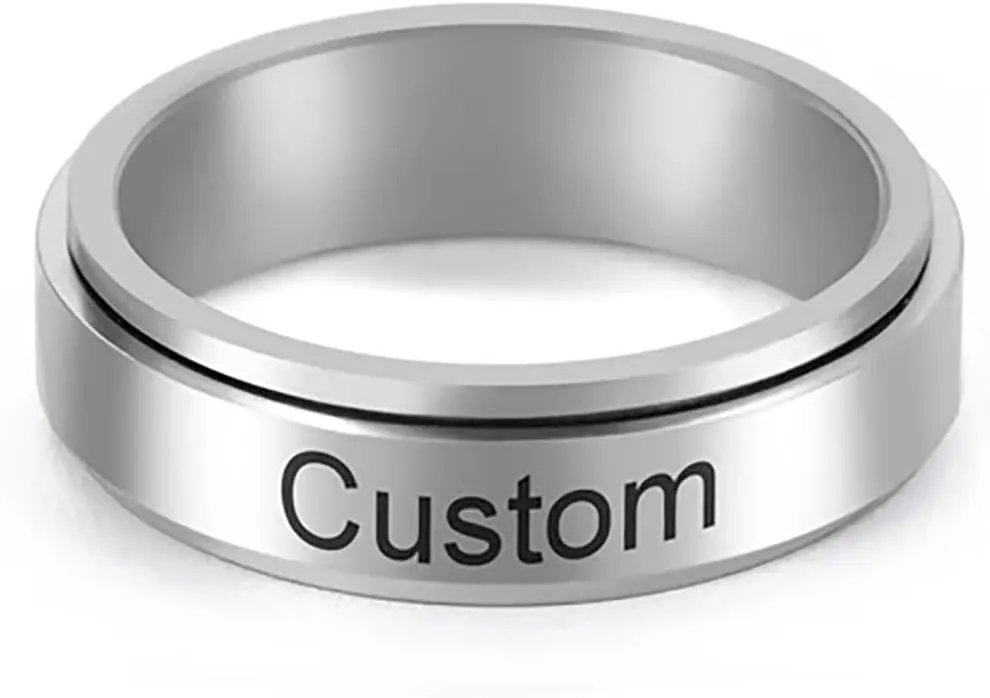 kkjoy Personalized Name Anxiety Spinning Ring Stainless Steel Laser Printed Customized Text Promise Ring Couple's Ring Family Rings Engagement Wedding Jewelry for Women Men