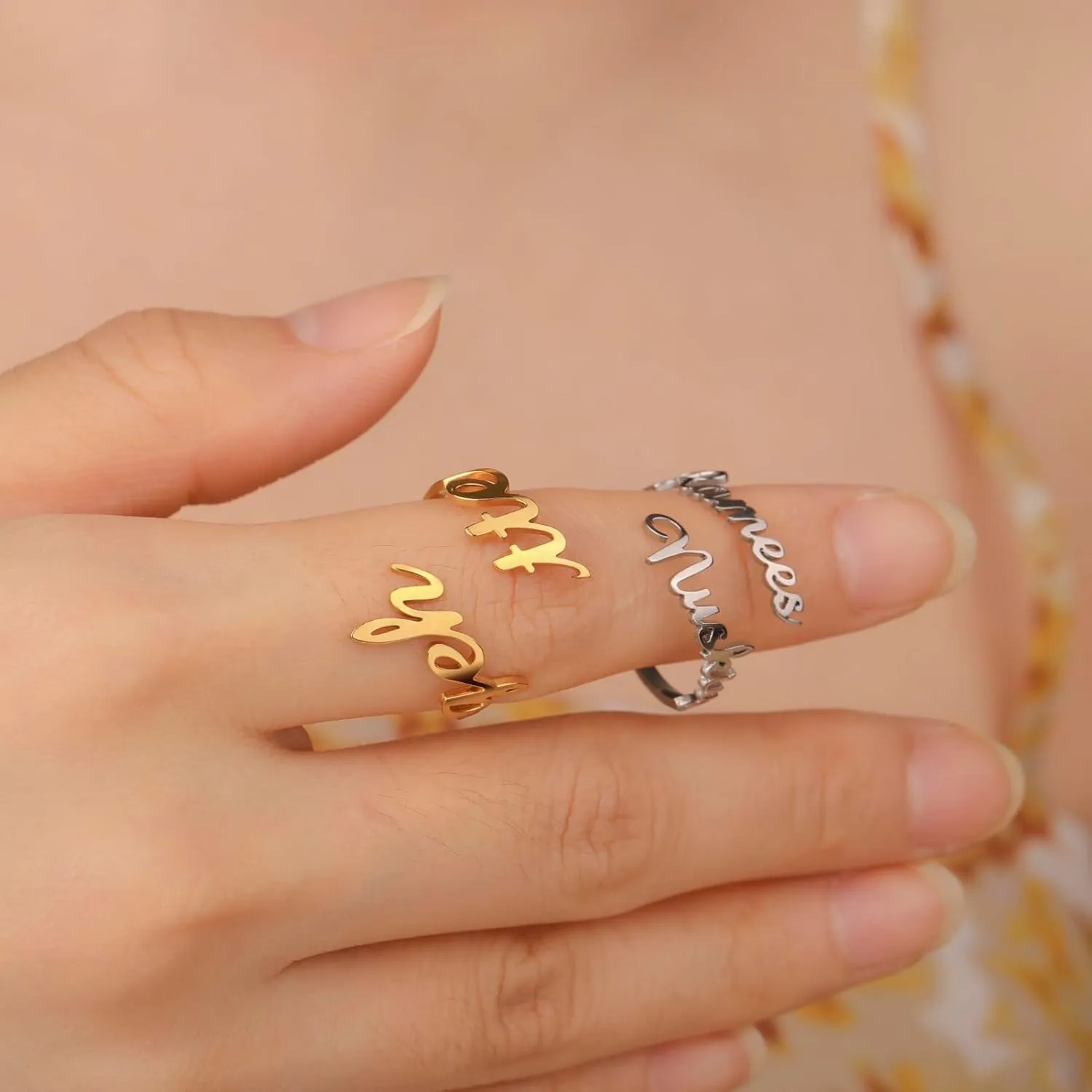kkjoy Personalized Name Ring Stainless Steel Adjustable Customize One, Two, Three, Four Nameplate Promise Ring Jewelry for Women Men Couple Family Members