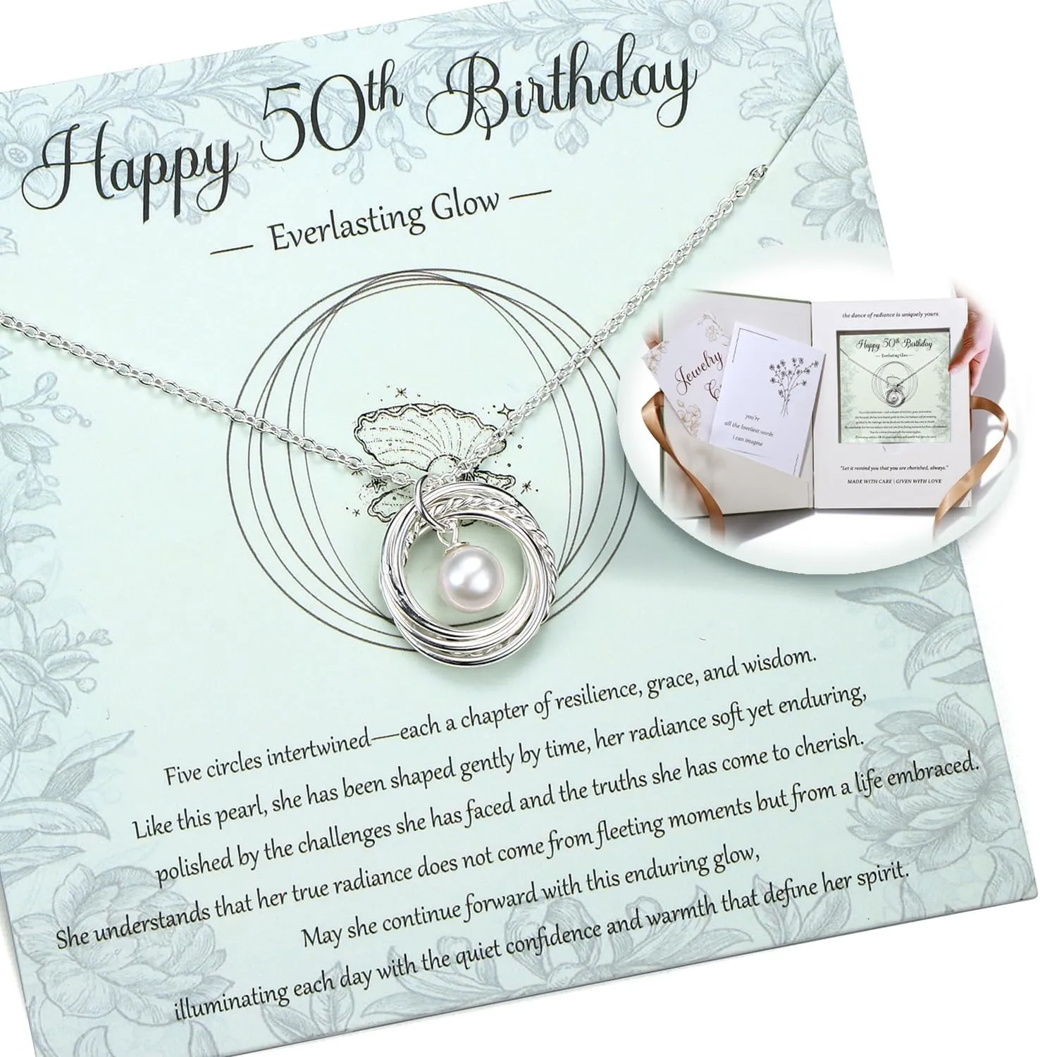 Krfy Birthday Gifts for Women Unique - 925 Sterling Silver Necklace with Pearl 30th 40th 50th 60th 70th 80th 90th Birthday Present for Mom Turning 30 40 50 60 70 80 90 Years Old Birthday Card for Her