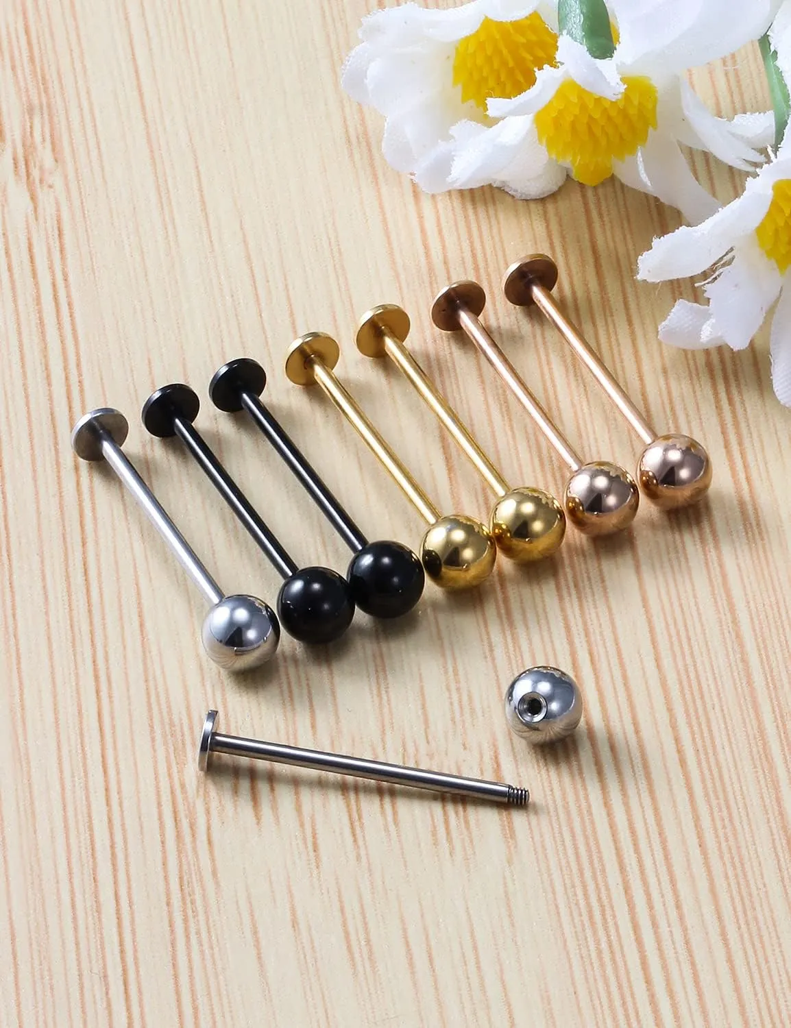 Kridzisw 14G Cheek Dimple Piercing Jewelry Flat Tongue Ring 316L Stainless Steel Long Bar Lip Labret Cheek Tongue Rings Barbell Piercing Jewelry 4mm 5mm Balls 14mm 16mm 19mm Bar Length 8Pcs