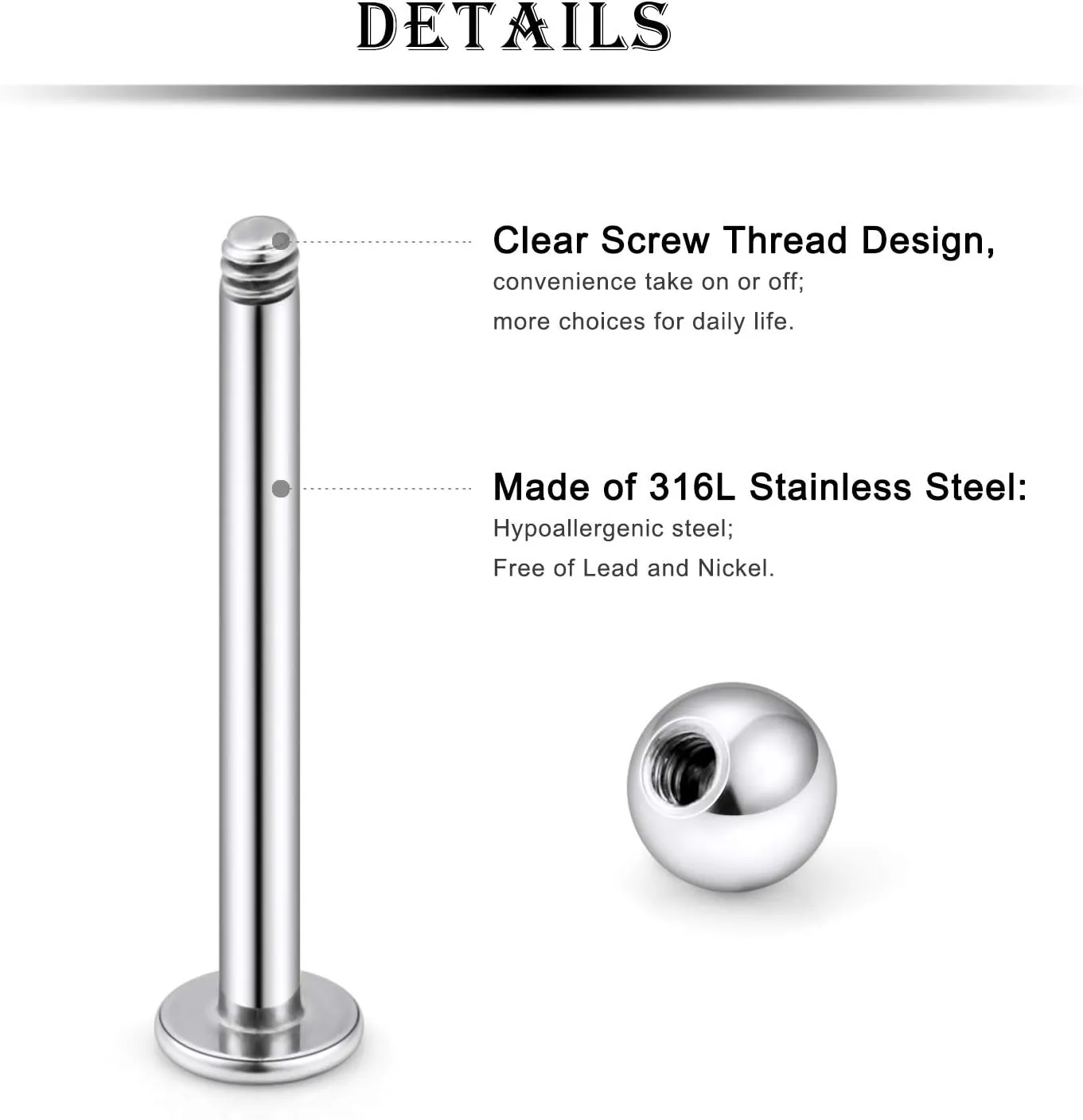 Kridzisw 16G Cheek Dimple Piercing Jewelry Hypoallergenic 316L Surgical Steel Flat Back Tongue Rings Long Bar Lip Labret Medusa Ashley Rings Studs Piercing Jewelry for Women Men 14mm 16mm 19mm Bar