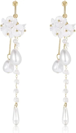 Kruckel Flower Blossom Long Drop Dangling Earrings - Golden Stud Lighweight with White Pearls Hanging, Women Jewelry, Easy - Wear Fashion Design Accesory Packed with Durable Jewelry Box