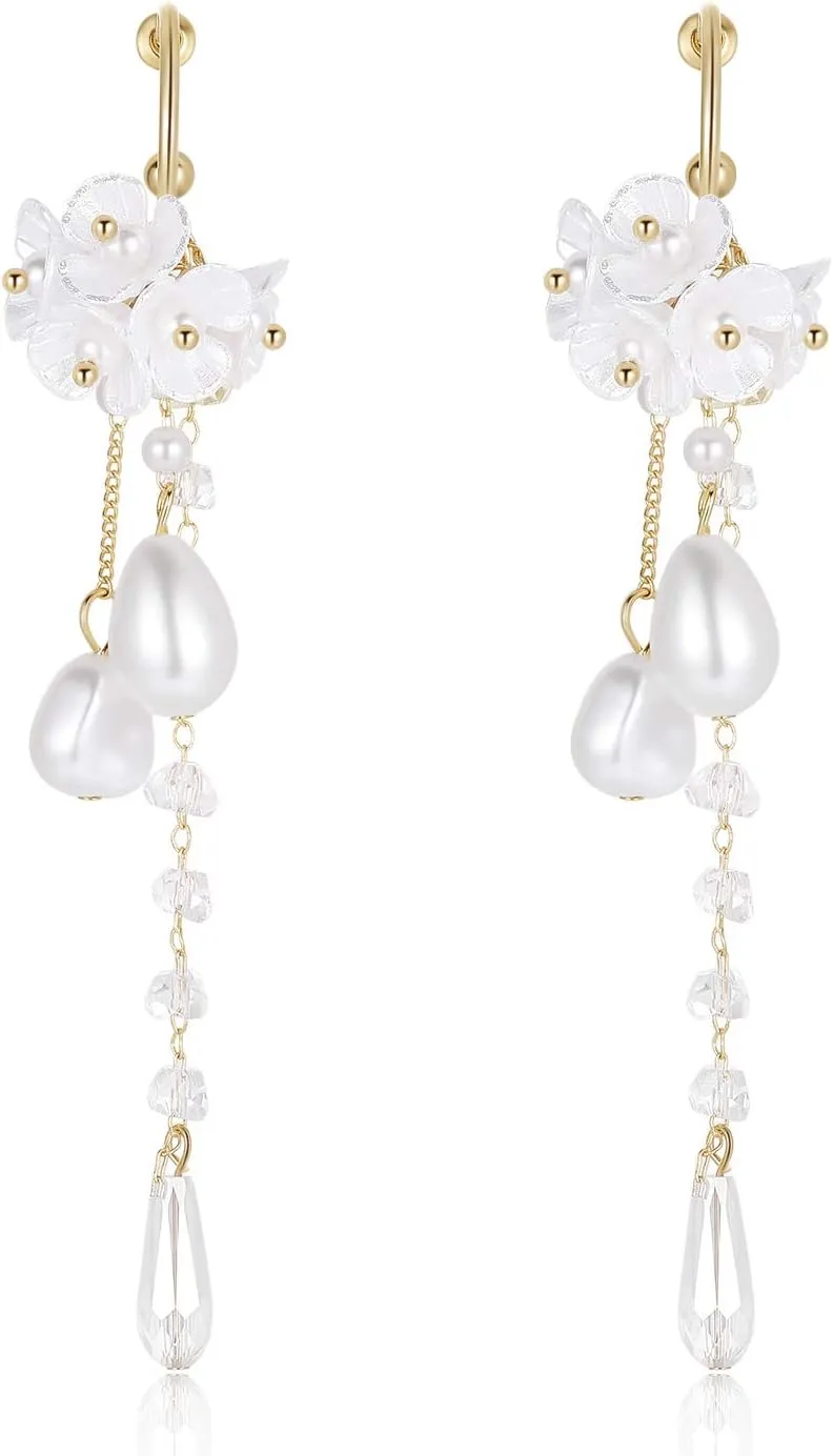 Kruckel Flower Blossom Long Drop Dangling Earrings - Golden Stud Lighweight with White Pearls Hanging, Women Jewelry, Easy - Wear Fashion Design Accesory Packed with Durable Jewelry Box