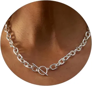 Kyerlyn Chunky Toggle Clasp Necklace for women, 18K Gold/Silver Plated Necklace Dainty Gold Toggle Chunky Pearl Simple Link Chain Necklace Vintage Fashion Jewelry