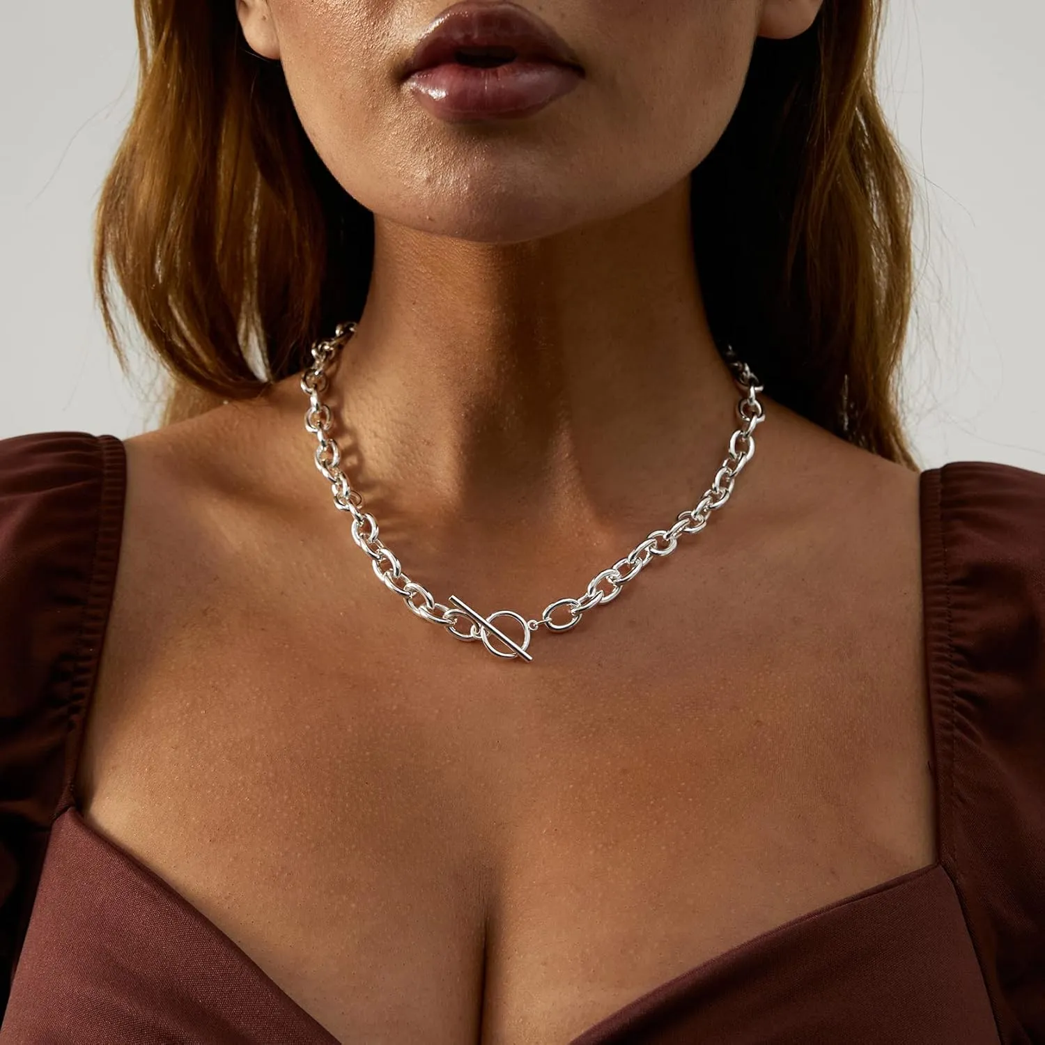 Kyerlyn Chunky Toggle Clasp Necklace for women, 18K Gold/Silver Plated Necklace Dainty Gold Toggle Chunky Pearl Simple Link Chain Necklace Vintage Fashion Jewelry