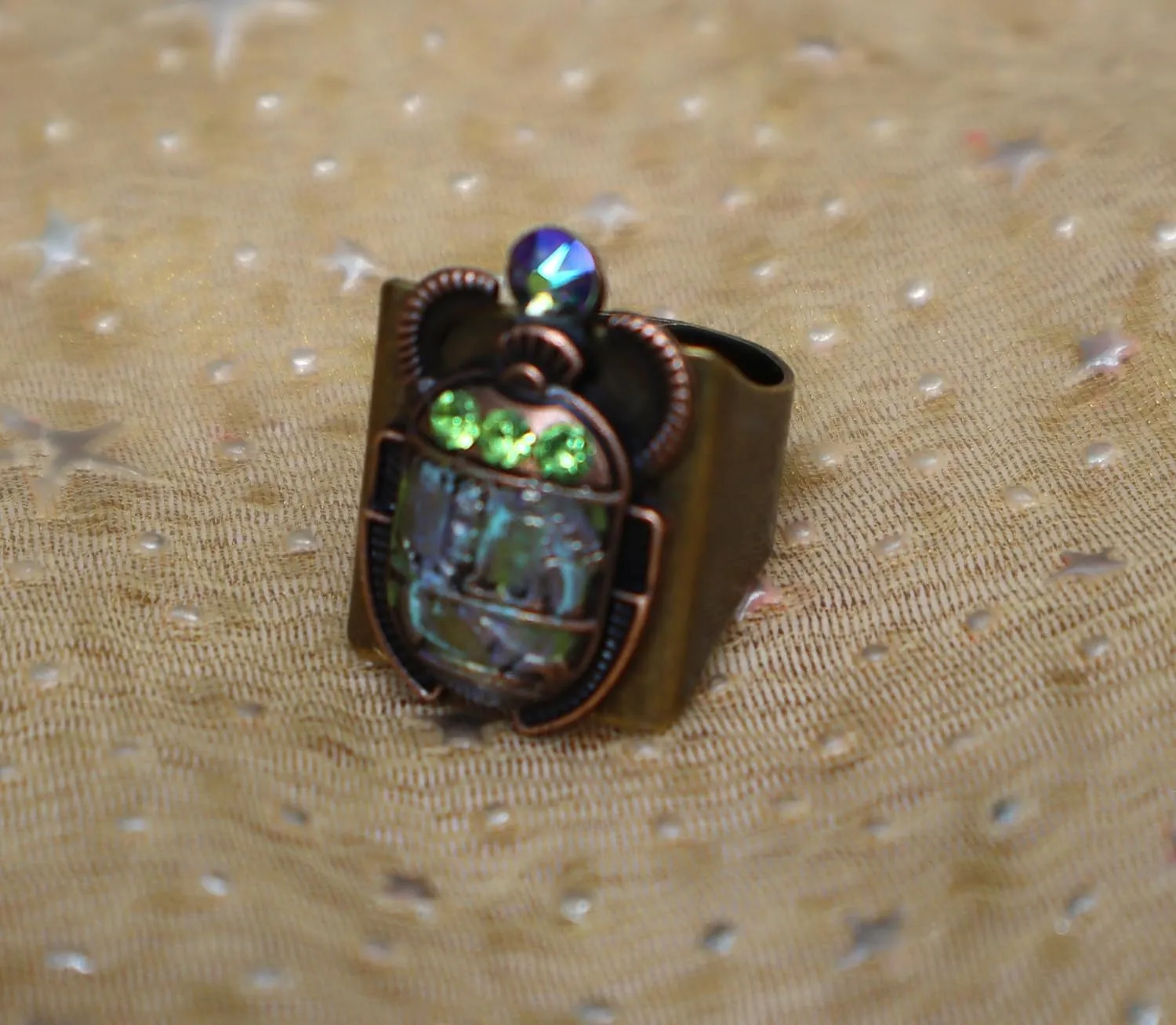 Large Adjustable Antiqued Gold Plated Ancient Egyptian Scarab Beetle Protection Statement Ring with Hand Painted Violet Accents Crystal Rhinestones Funky Bohemian Jewelry for Women Teen Girls
