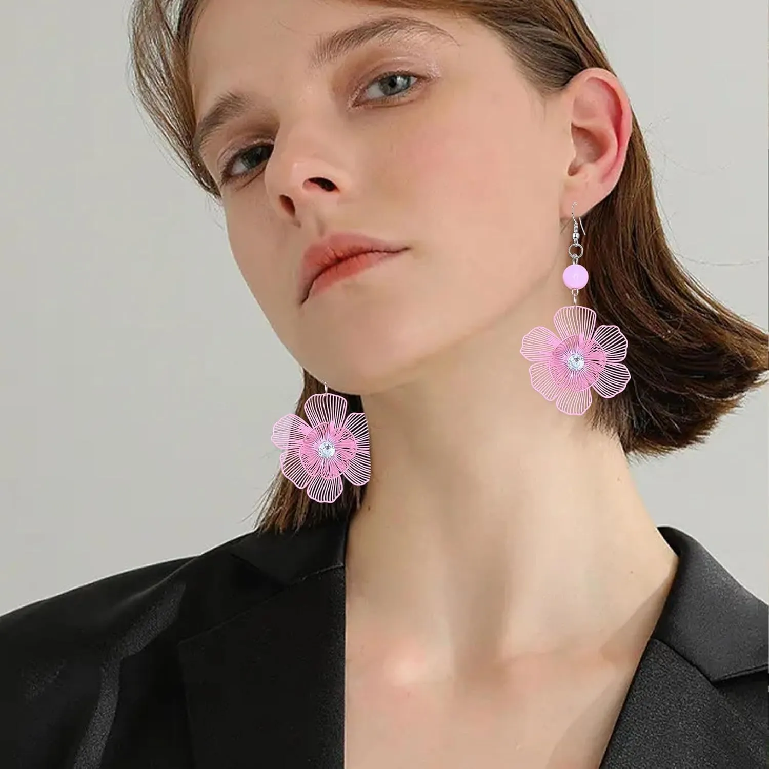 Large Double Flower Earrings for Women Boho Statement Flower Earrings Hollow Flower Pearl Jewelry Gift