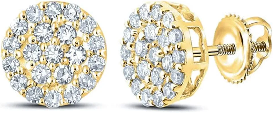 Large Round14k Yellow Gold Plated 925 Sterling Silver Hypoallergenic Men Women Hip Hop Circle Shape Iced 5A CZ Flower Cluster Screw Back Earrings Jewelry Gifts For Men Women