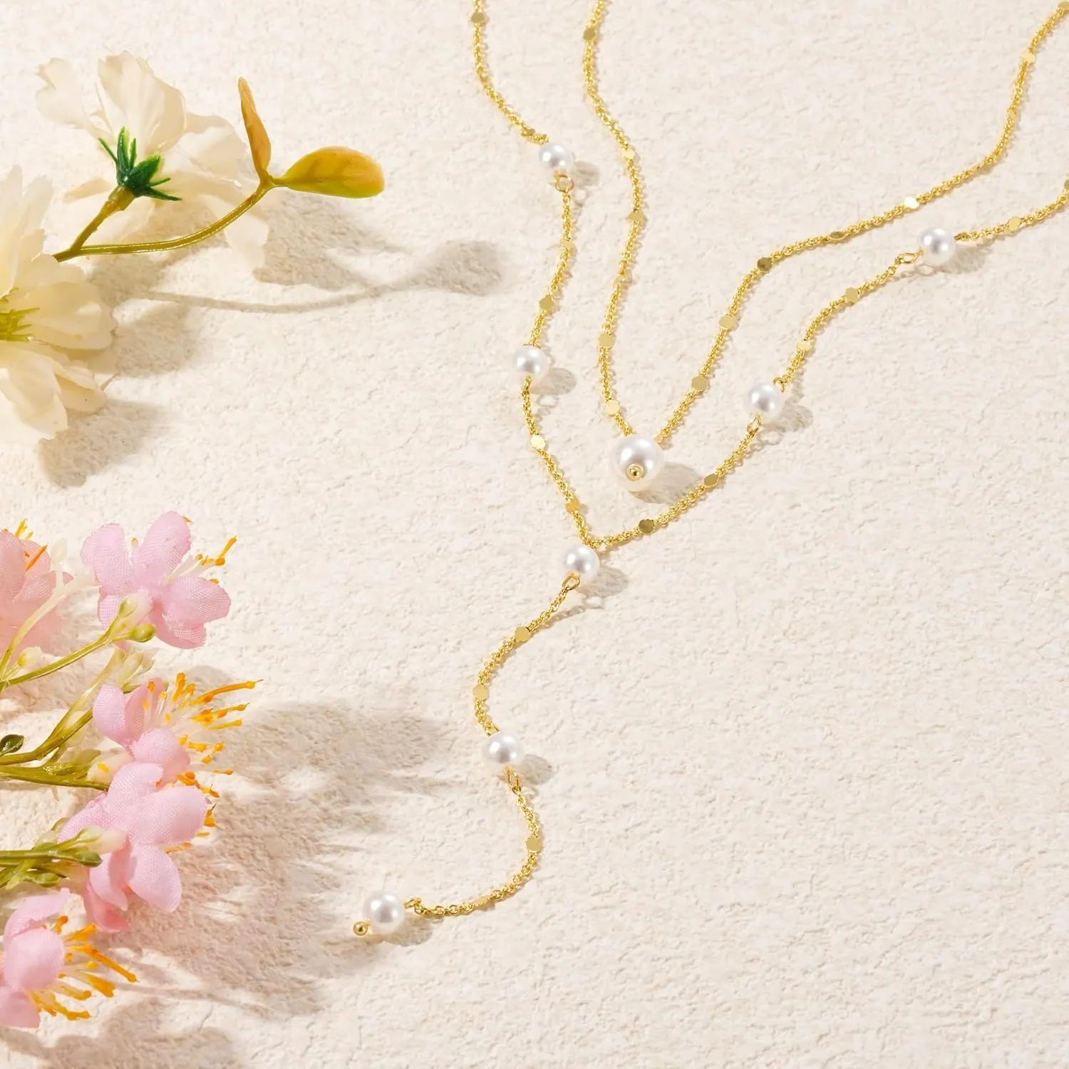 Lariat Gold Necklace for Women: Dainty Pearl Necklace 14k Gold Plated/Silver Y-Shaped Pendant Long Necklace Fashion Layered Simple Gold Necklace Jewelry For Women Trendy