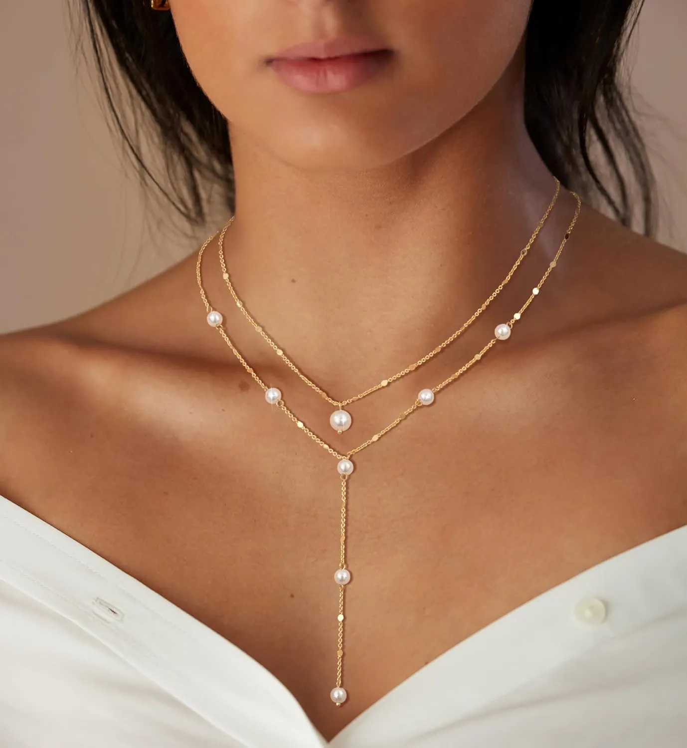 Lariat Gold Necklace for Women: Dainty Pearl Necklace 14k Gold Plated/Silver Y-Shaped Pendant Long Necklace Fashion Layered Simple Gold Necklace Jewelry For Women Trendy