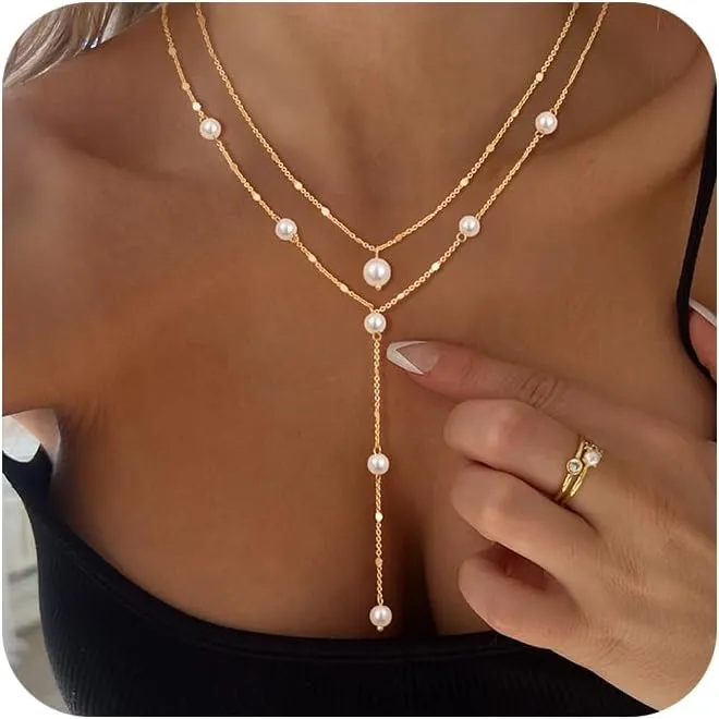 Lariat Gold Necklace for Women: Dainty Pearl Necklace 14k Gold Plated/Silver Y-Shaped Pendant Long Necklace Fashion Layered Simple Gold Necklace Jewelry For Women Trendy