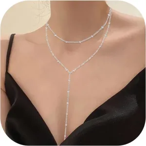 Lariat Silver Necklace for Women, Dainty Long Necklace Silver Y-Shaped Layered Beaded Chain Drop Necklaces for Women Trendy Simple Silver Jewelry for Women Gifts