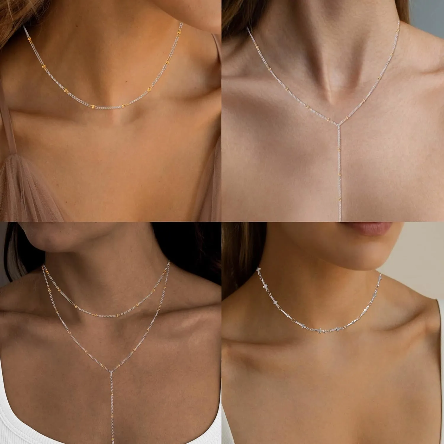Lariat Silver Necklace for Women, Dainty Long Necklace Silver Y-Shaped Layered Beaded Chain Drop Necklaces for Women Trendy Simple Silver Jewelry for Women Gifts