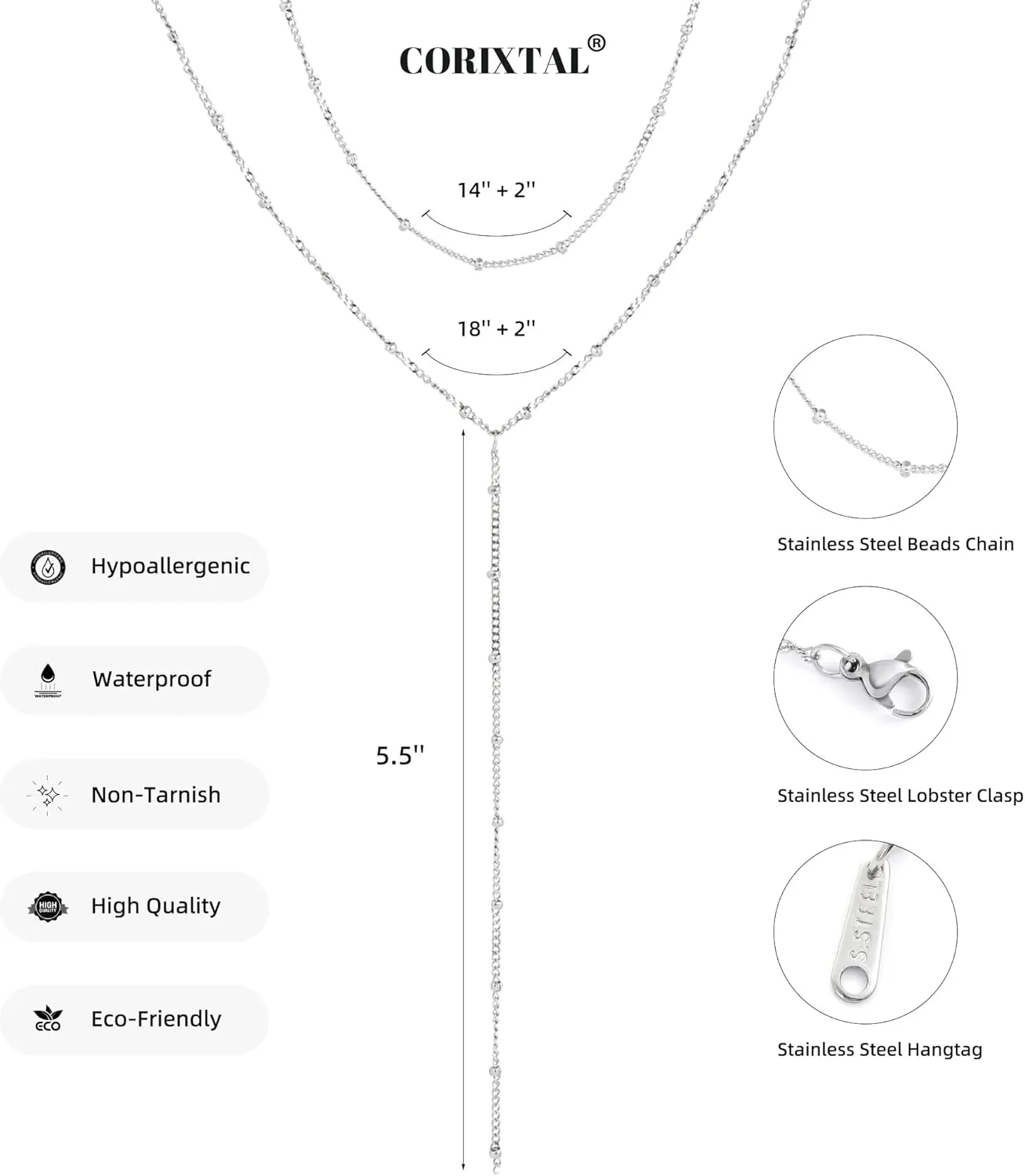 Lariat Silver Necklace for Women, Dainty Long Necklace Silver Y-Shaped Layered Beaded Chain Drop Necklaces for Women Trendy Simple Silver Jewelry for Women Gifts