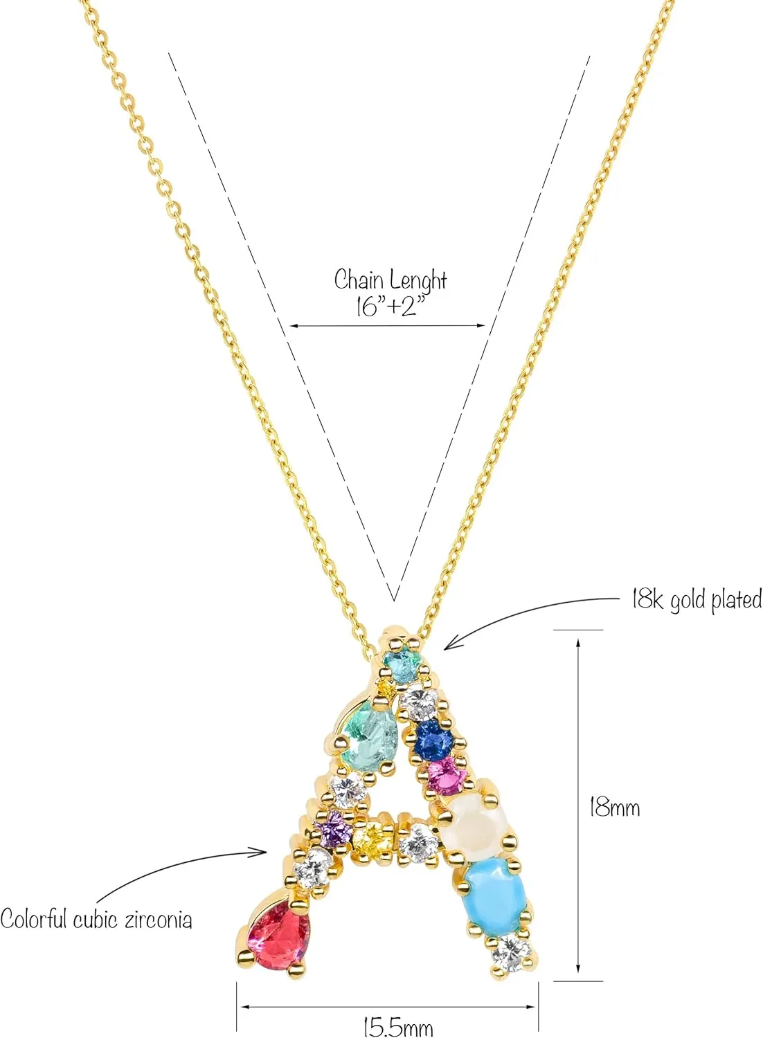 LAVLA Cubic Zirconia Initial Necklace For Women | Dainty Initial Necklace | 18k Gold Plated Colorful Crystal Letter Necklace