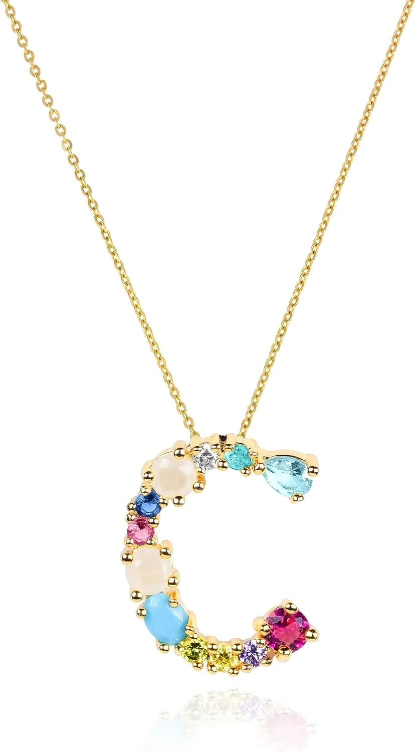 LAVLA Cubic Zirconia Initial Necklace For Women | Dainty Initial Necklace | 18k Gold Plated Colorful Crystal Letter Necklace