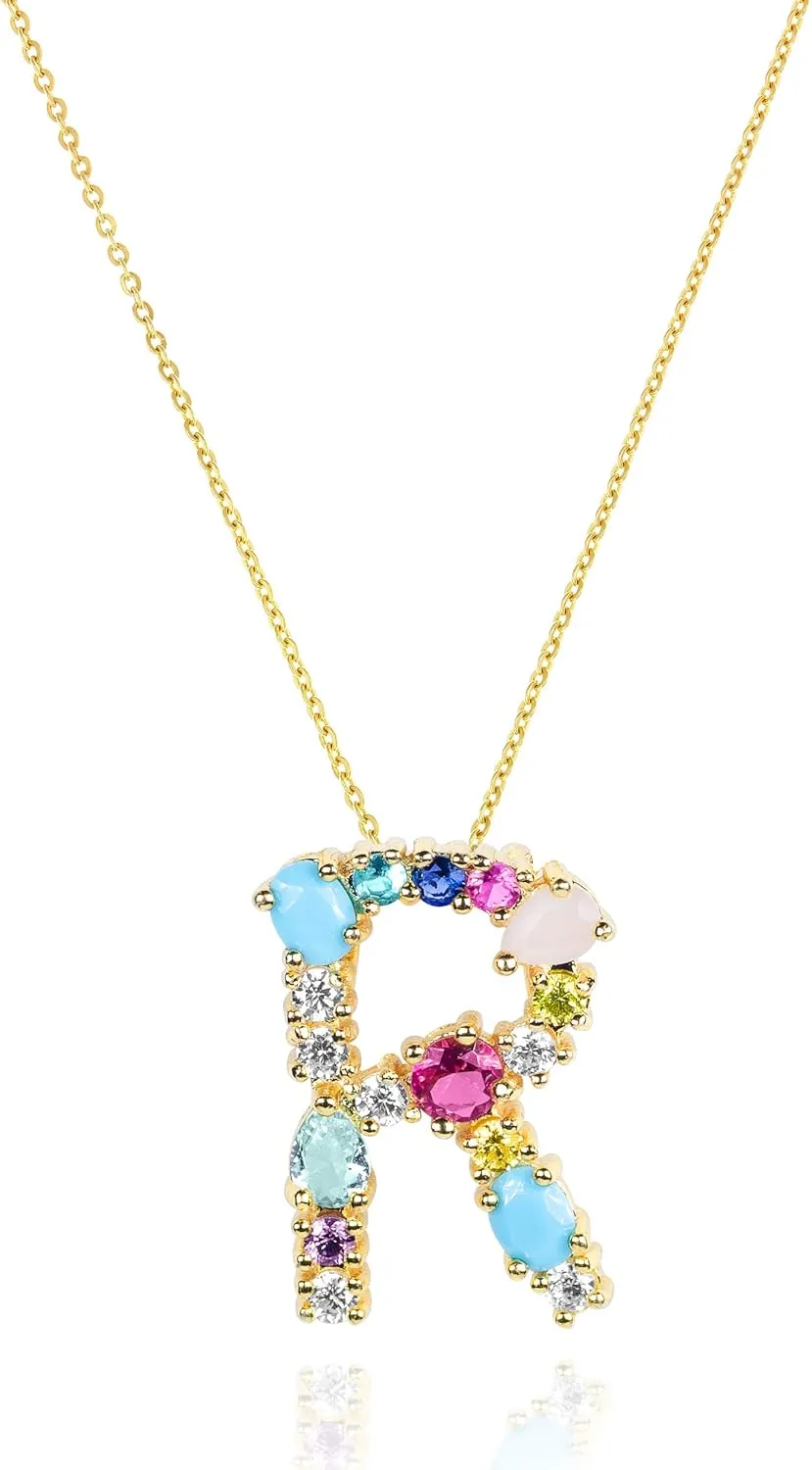 LAVLA Cubic Zirconia Initial Necklace For Women | Dainty Initial Necklace | 18k Gold Plated Colorful Crystal Letter Necklace