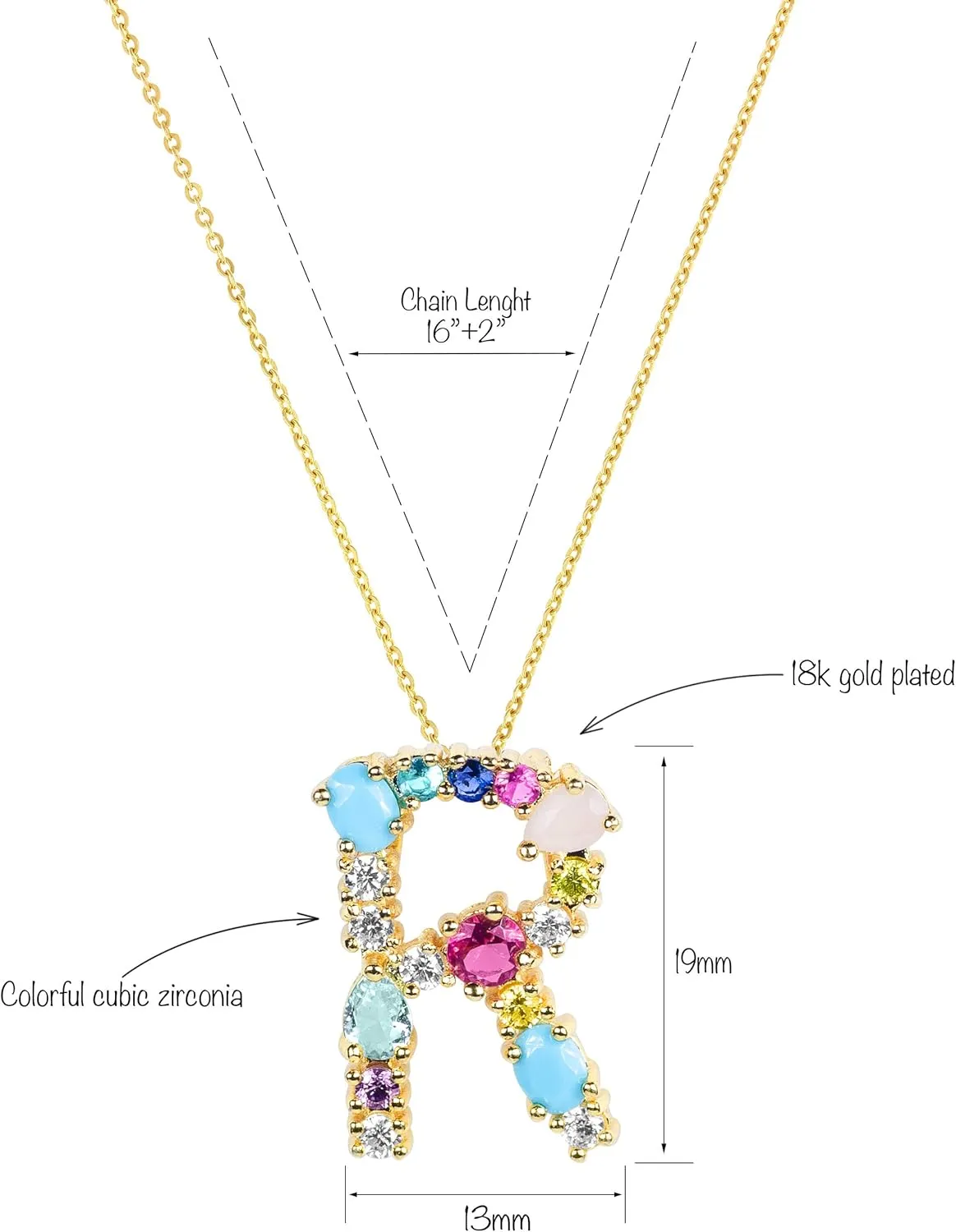 LAVLA Cubic Zirconia Initial Necklace For Women | Dainty Initial Necklace | 18k Gold Plated Colorful Crystal Letter Necklace