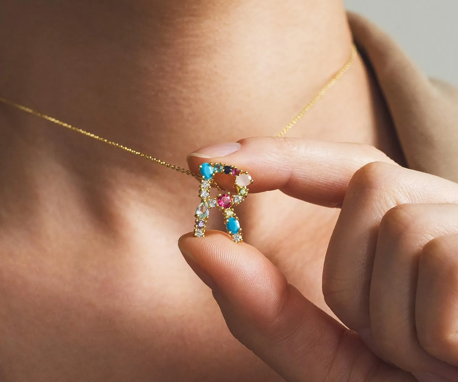 LAVLA Cubic Zirconia Initial Necklace For Women | Dainty Initial Necklace | 18k Gold Plated Colorful Crystal Letter Necklace