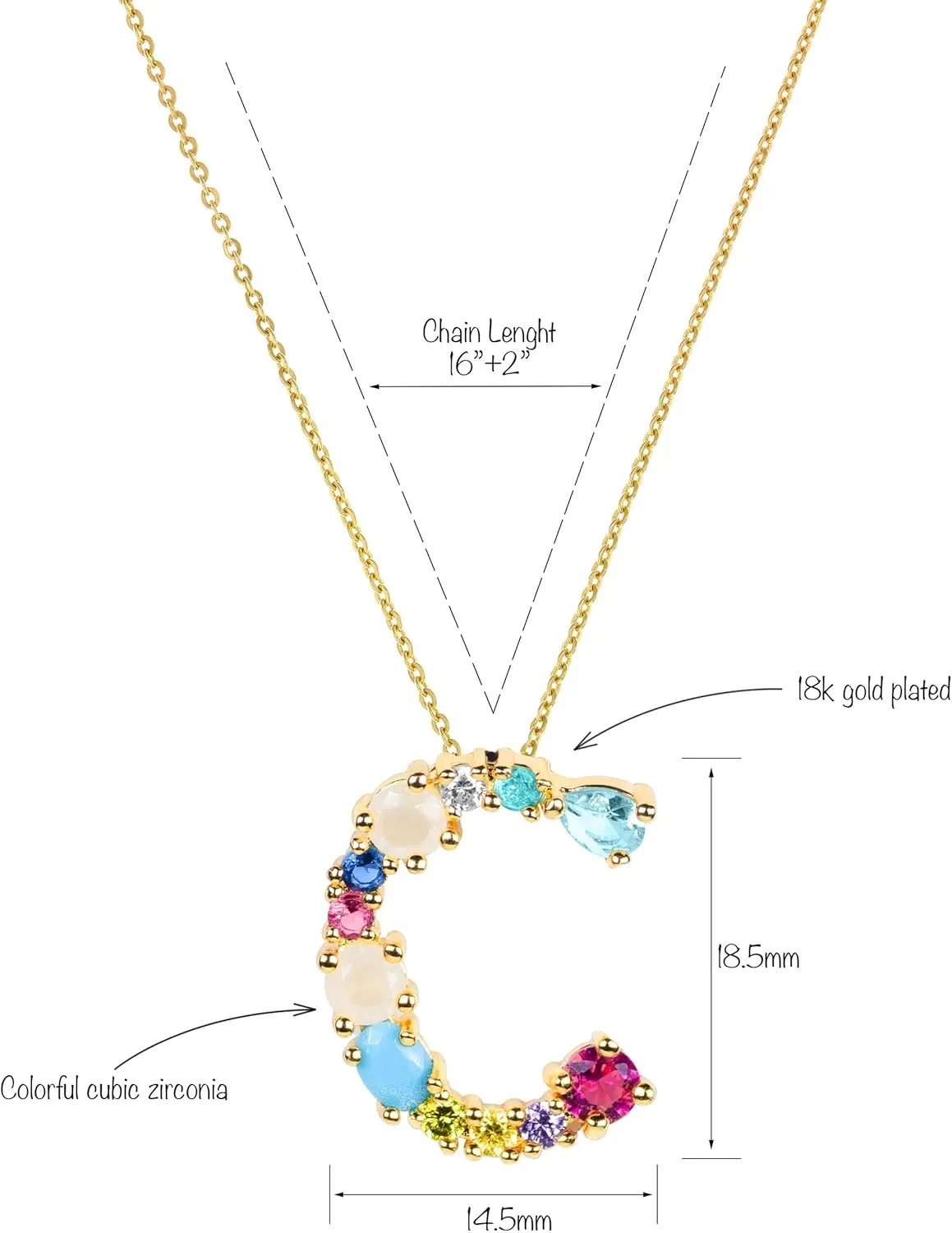 LAVLA Cubic Zirconia Initial Necklace For Women | Dainty Initial Necklace | 18k Gold Plated Colorful Crystal Letter Necklace