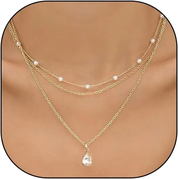 Layered Crystal Pearls Choker Necklace for Women,14K Gold Stacking Long Thin Chains Pendant Necklace Sparkly Cubic Zirconia Jewelry Gifts