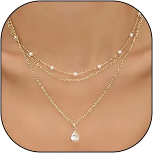Layered Crystal Pearls Choker Necklace for Women,14K Gold Stacking Long Thin Chains Pendant Necklace Sparkly Cubic Zirconia Jewelry Gifts