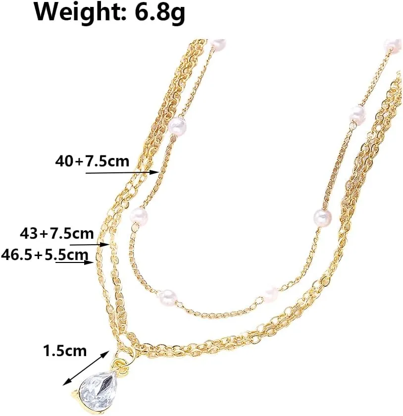Layered Crystal Pearls Choker Necklace for Women,14K Gold Stacking Long Thin Chains Pendant Necklace Sparkly Cubic Zirconia Jewelry Gifts