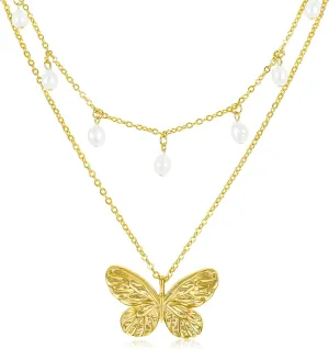 Layered Gold Butterfly Necklace for Women with Pearl Choker 14K Gold Plated Butterfly Pendant Dangle Pearl Necklace Textured Butterfly Charm Adjustable Trendy Party Jewelry Gift for Women