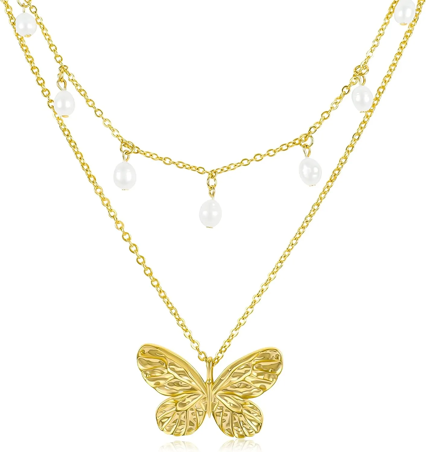 Layered Gold Butterfly Necklace for Women with Pearl Choker 14K Gold Plated Butterfly Pendant Dangle Pearl Necklace Textured Butterfly Charm Adjustable Trendy Party Jewelry Gift for Women