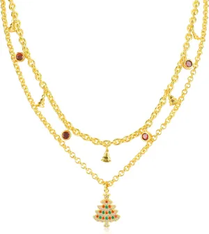 Layered Gold Christmas Tree Reindeer Pendant Necklace for Women 14K Gold Plated Deer Antler Elk Head Choker Necklace with Colorful Round Cubic Zirconia Charm Adjustable Xmas Tree Party Jewelry Gift
