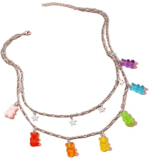 Layered Lock Necklace Punk Gothic Resin Gummy Cartoon Bear Link Chain Pendant Necklace Colorful Rock Hip Hop Transparent Butterfly Dinosaur Animal Choker Necklace for Women Girls Party Jewelry Gift