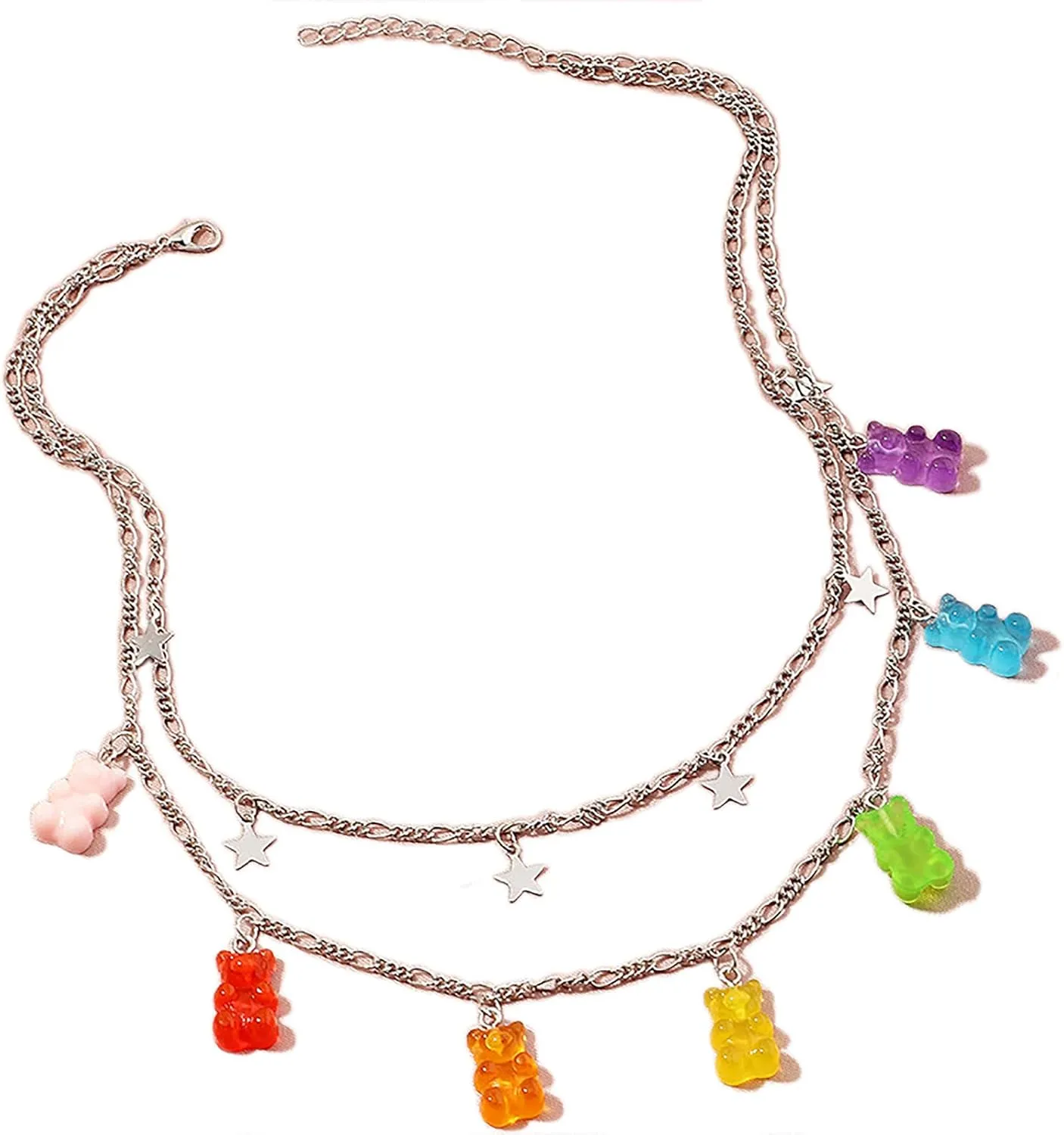 Layered Lock Necklace Punk Gothic Resin Gummy Cartoon Bear Link Chain Pendant Necklace Colorful Rock Hip Hop Transparent Butterfly Dinosaur Animal Choker Necklace for Women Girls Party Jewelry Gift
