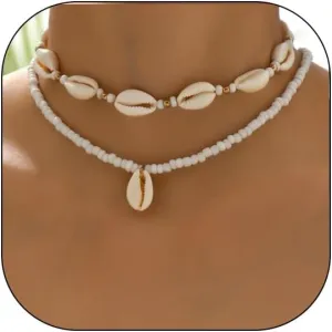 Layered Natural Seashell Necklace for Women,Colorful Rice Beaded Choker Necklace Handmade Adjustable Seed Bead Cowrie Shell Necklace Beach Jewelry