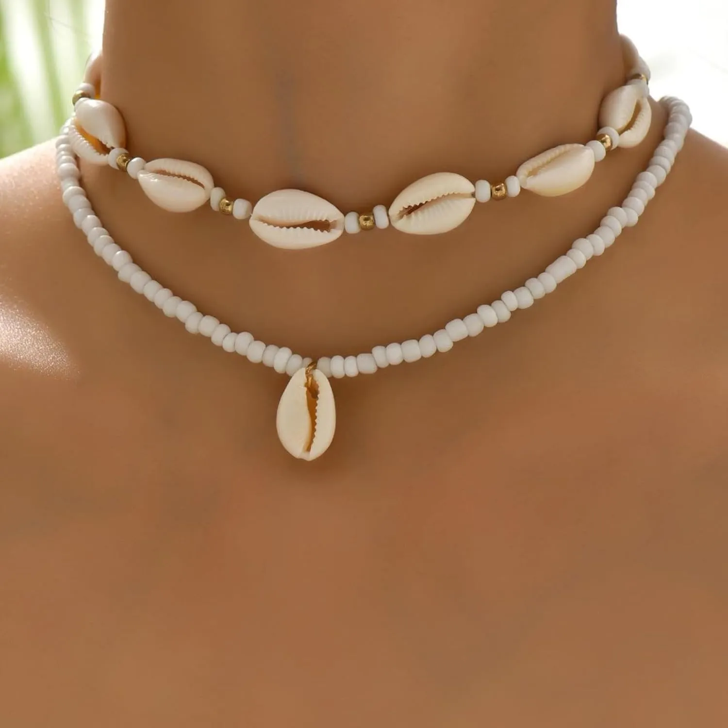 Layered Natural Seashell Necklace for Women,Colorful Rice Beaded Choker Necklace Handmade Adjustable Seed Bead Cowrie Shell Necklace Beach Jewelry