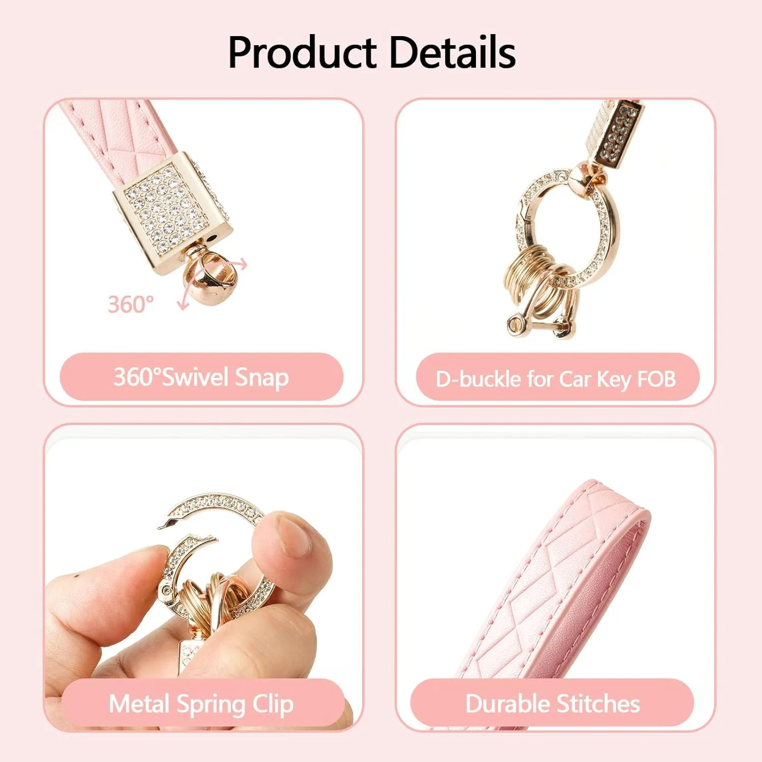 Leather Keychain Wristlet, Leather Car Key Chain with 5 Key Ring and Anti-Lost d Ring, Key Fob Keychain Wristlet