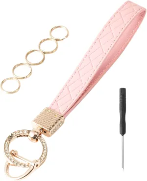 Leather Keychain Wristlet, Leather Car Key Chain with 5 Key Ring and Anti-Lost d Ring, Key Fob Keychain Wristlet