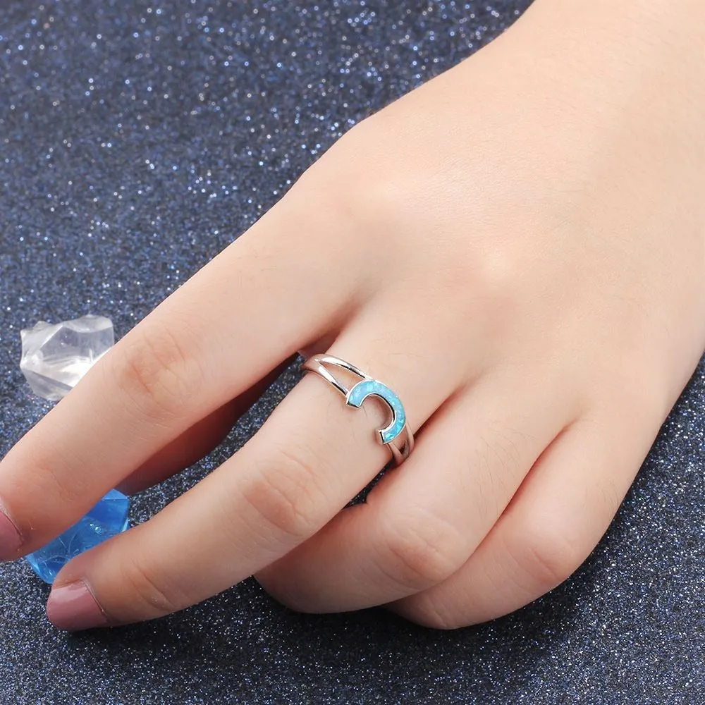 Letter C Design Blue Opal Stone Ring For Women