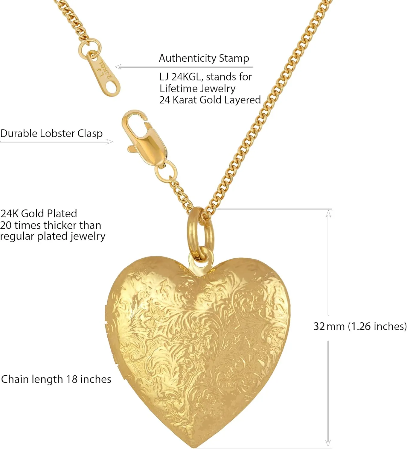 LIFETIME JEWELRY Antique Heart Locket Necklace That Holds Pictures 24k Gold Plated