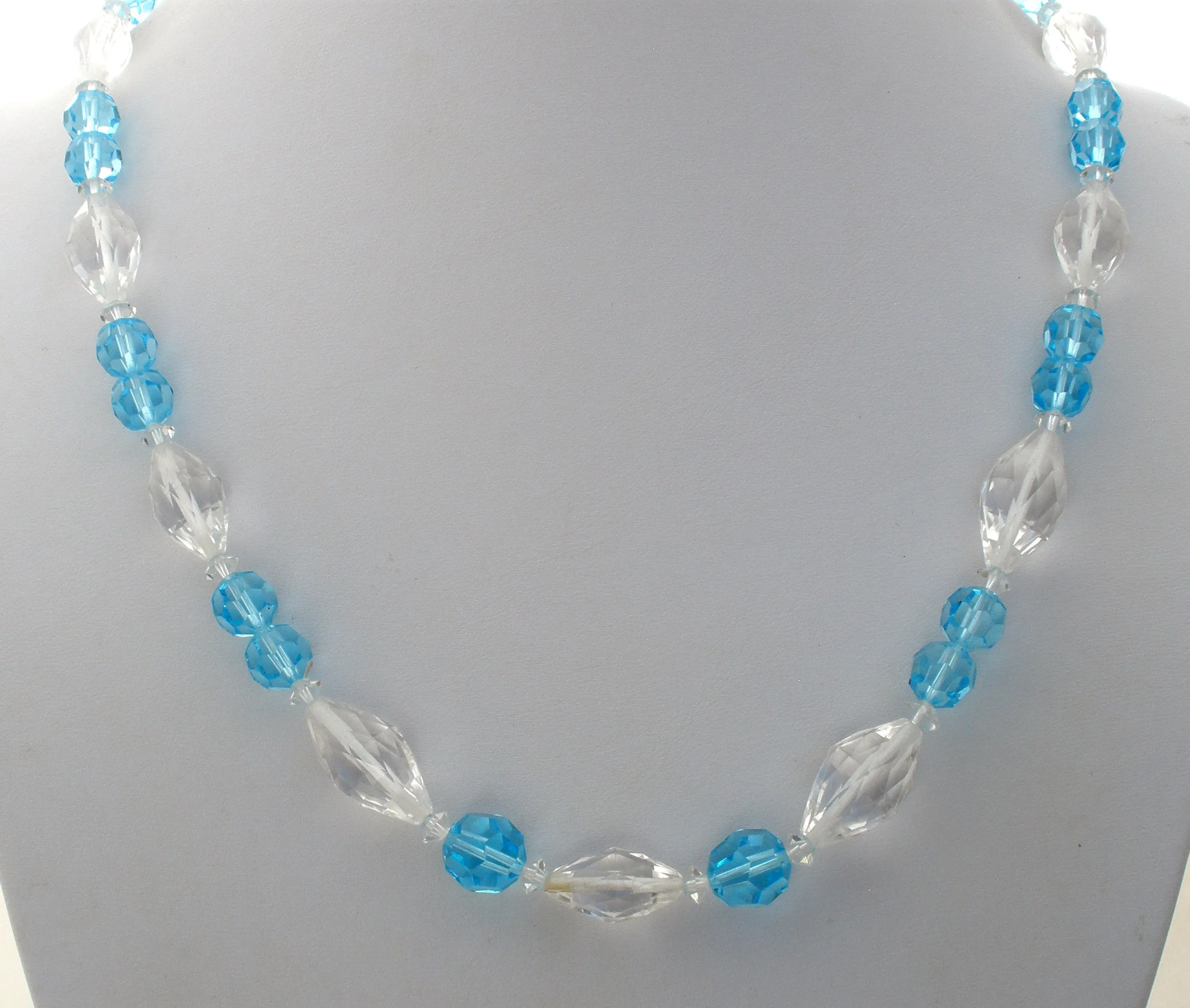 Light Blue & Clear Crystal Bead Necklace Vintage 27"