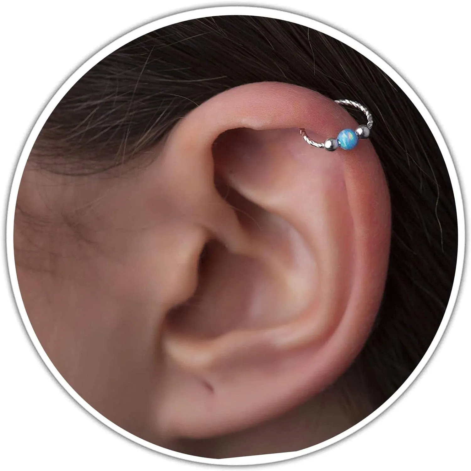 Light Blue Silver Cartilage earring - Dainty 8mm Helix Hoop 20 Gauge Silver Opal Piercing  Snug 925 Sterling Silver Helix Ring  Body Jewelry Piercing Hoops  Gift Ready Purchase