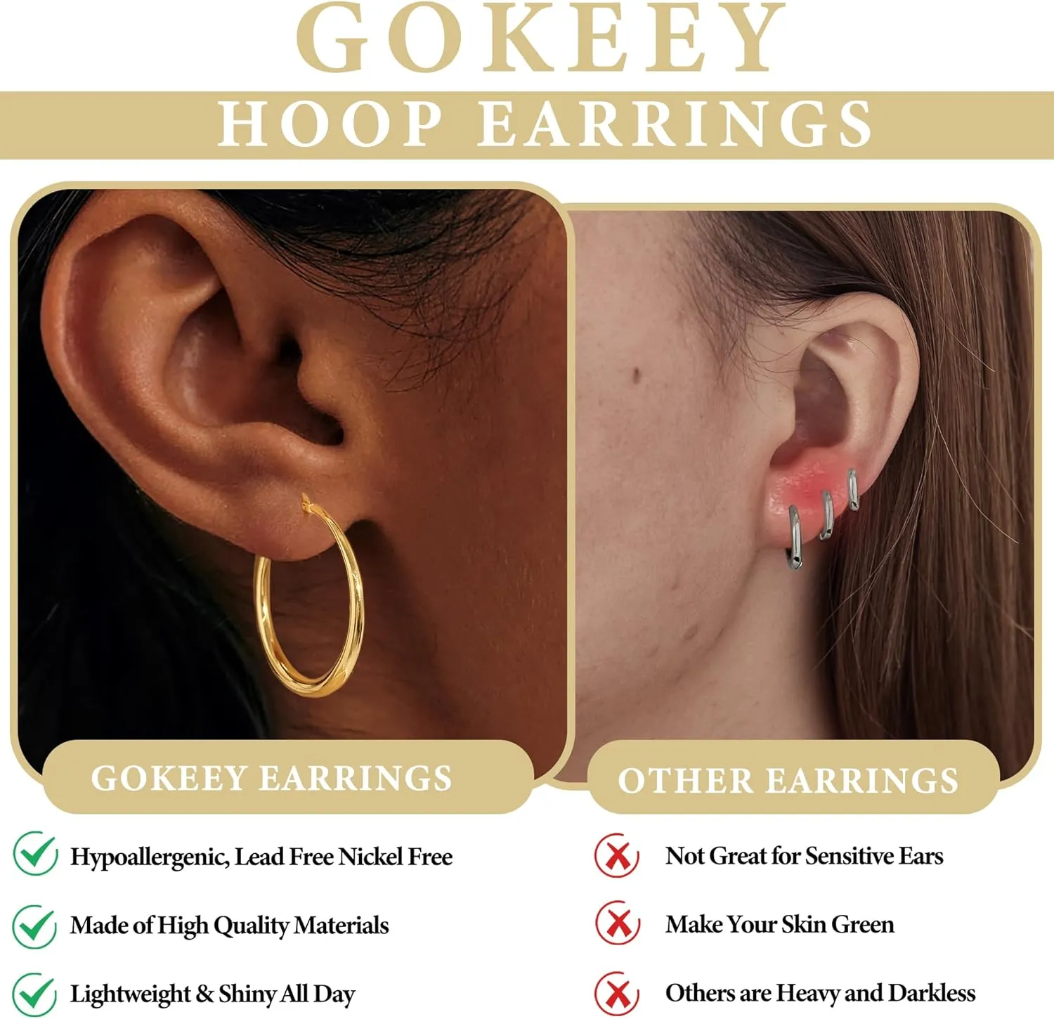 Lightweight Large Gold Hoop Earrings for Women Trendy Dainty 14K Real Gold Plated Big Earrings for Women Thick Gold Hoops for Jewelry Gifts 30mm/40mm/50mm