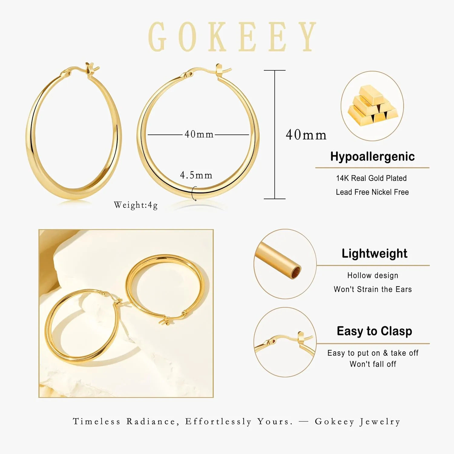 Lightweight Large Gold Hoop Earrings for Women Trendy Dainty 14K Real Gold Plated Big Earrings for Women Thick Gold Hoops for Jewelry Gifts 30mm/40mm/50mm