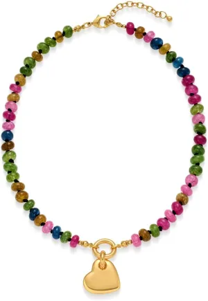 LILIE&WHITE Gold Heart Necklace - Chunky Chain, Puffy Heart Pendant, Colorful Beaded Silver Heart Necklace Gift