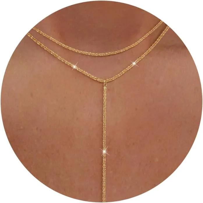 Long Gold Necklace for Women- Dainty 14k Gold Plated Lariat Necklace Layered Drop Simple Y-Shaped Chain Stack Wedding Necklace Trendy Jewelry Gift